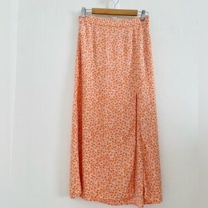 H&M Women's Floral Orange Midi Skirt Slit Side Zipper Lightweight Fabric Size 8